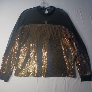 Black Semi Sheer With Gold Glitter Long Sleeve Top Size S